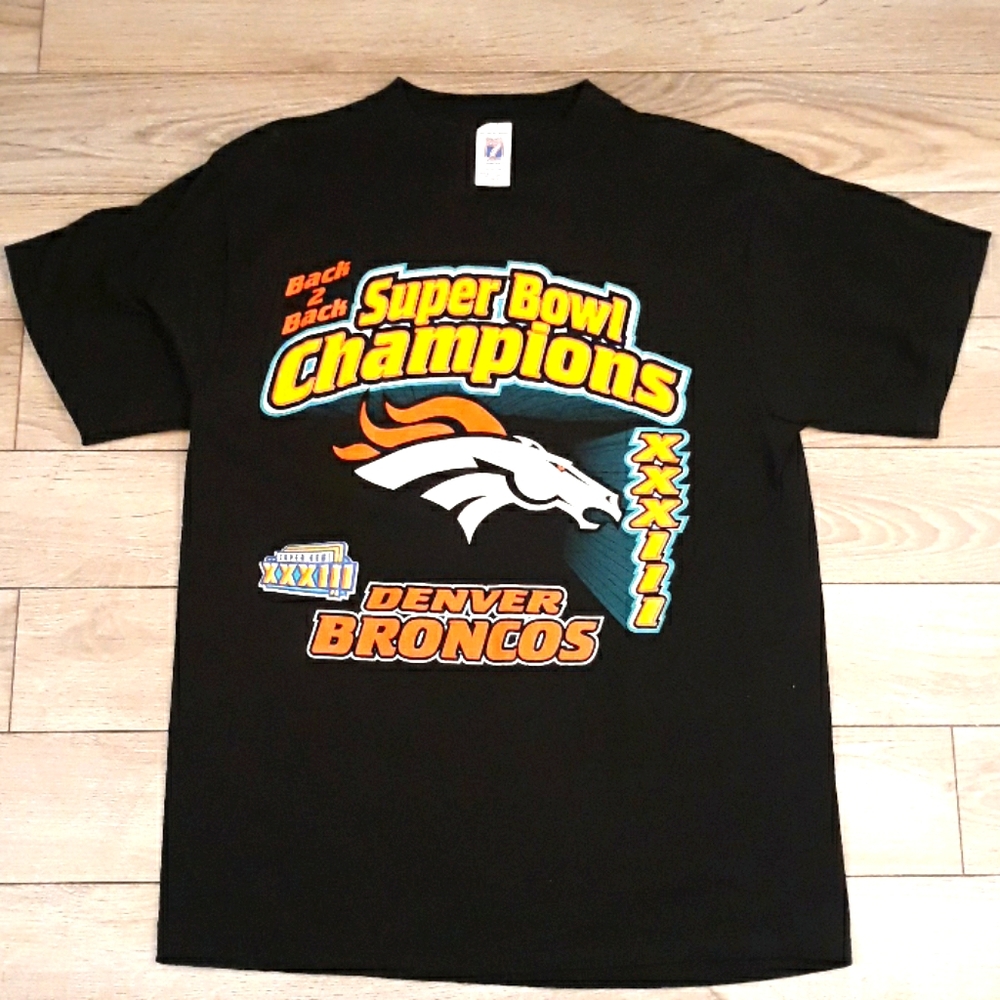 DENVER BRONCOS Super Bowl NFL Champions Back 2 Back Mens T-Shirt Sz L VTG 90s